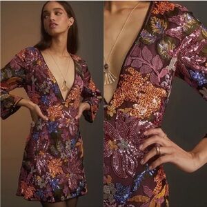 Anthropologie Sequin Embroidered Floral Mini Dress‎ Size 4